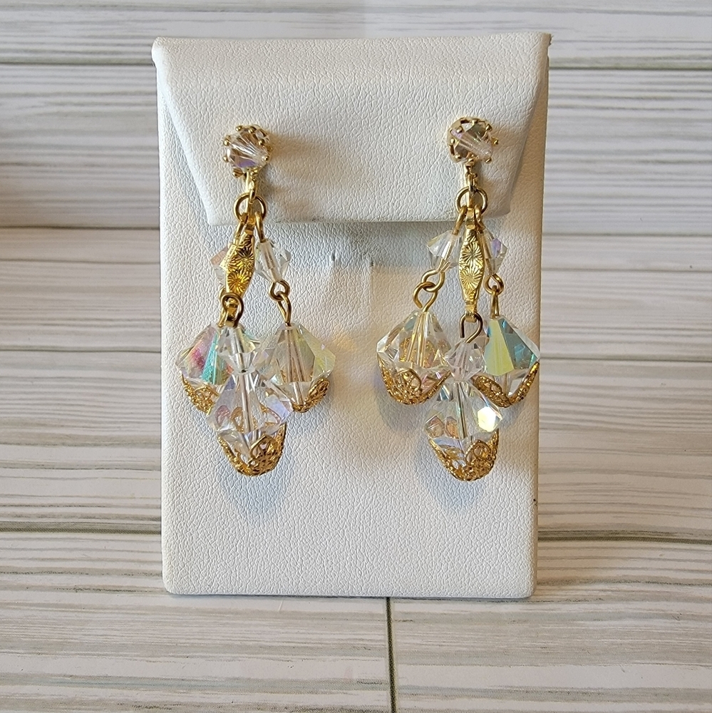 Vintage AB Glass Bead 38” Double Strand Necklace & Clip Earrings Set